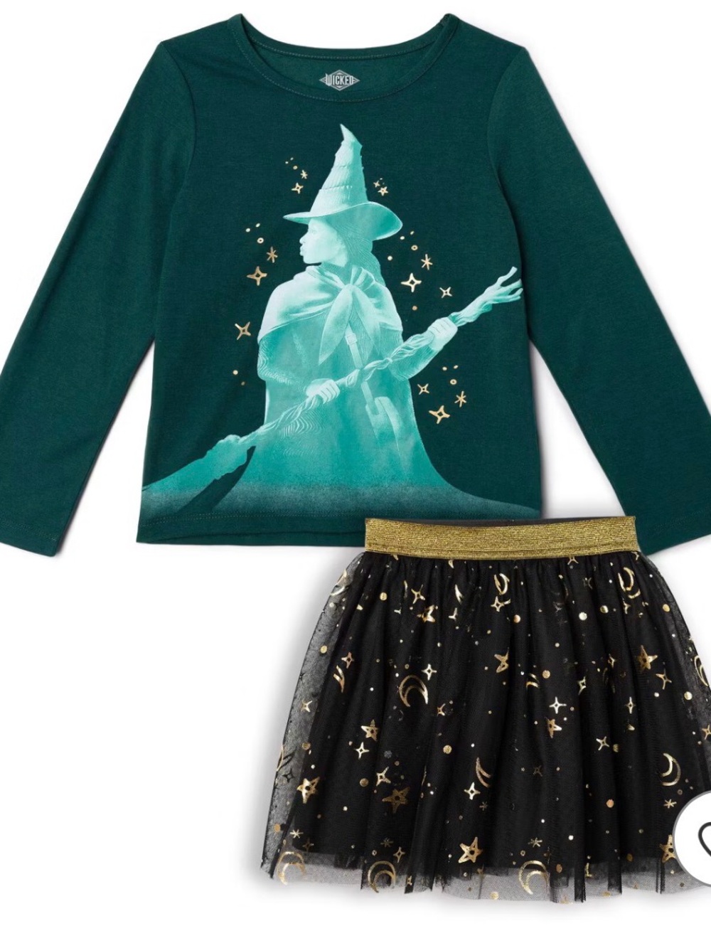 Wicked Elphaba Girls' Teal Graphic Top & Black Gold Star Tulle Skirt Set